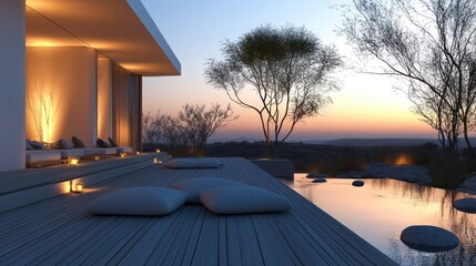 Wall Mural - Serene outdoor space at sunset with modern architecture and a tranquil pool.