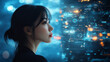© Phunnada - A side view of the profile silhouette of an Asian woman The background shows evoking a holographic technology theme