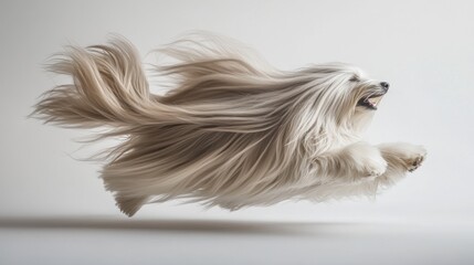 Sticker - A dog with long fur joyfully leaps through the air, showcasing its playful spirit.