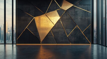 Poster - Contemporary black and gold geometric wall pattern, perfect for adding sophistication and style to any modern space.