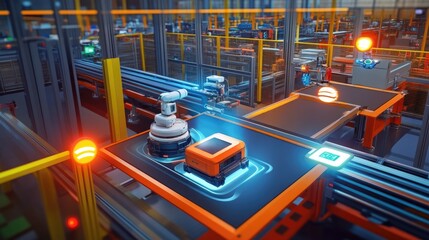 Poster - Dynamic visualization of a smart factory with robotic transportation systems, highlighting the enhanced operational efficiency achieved through the power of 5G connectivity.