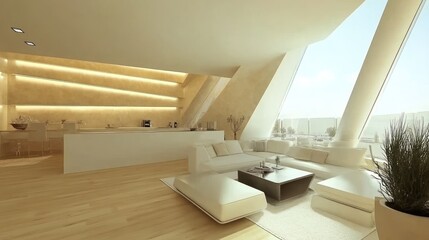 Sticker - Modern living space with minimalist design and large windows for natural light.