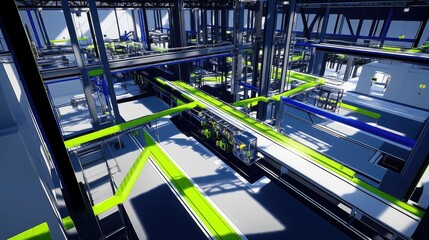Poster - Dynamic visualization of a smart factory with robotic transportation systems, highlighting the enhanced operational efficiency achieved through the power of 5G connectivity.