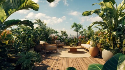 Poster - A vibrant rooftop garden with seating and lush greenery, perfect for relaxation and gatherings.