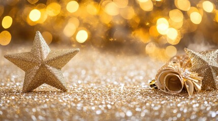 Poster - Elegant beige background with golden glitter stars and sparkling lights, perfect for a glamorous festive scene.