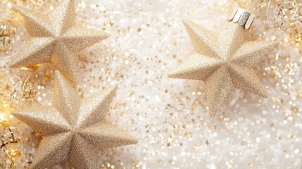 Poster - Elegant beige background with golden glitter stars and sparkling lights, perfect for a glamorous festive scene.