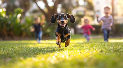 Poster - A joyful dachshund runs towards children playing in a sunny park.