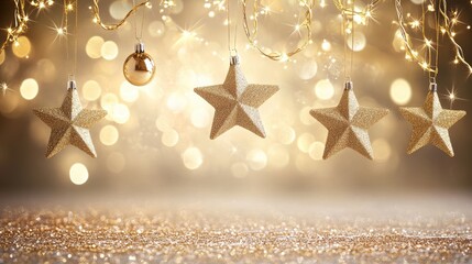 Poster - Elegant beige background with golden glitter stars and sparkling lights, perfect for a glamorous festive scene.