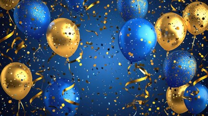 Poster - Festive celebration background with blue and gold balloons, glimmering confetti, and swirling ribbons, perfect for a joyful occasion.