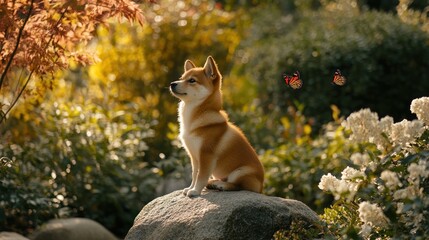 Canvas Print - A serene Shiba Inu sitting on a rock amidst a vibrant garden with butterflies.