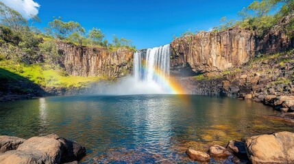 Poster - A stunning waterfall surrounded by lush greenery and a rainbow over a serene pool.