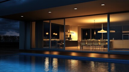 Sticker - A modern home illuminated at night, showcasing a sleek interior and poolside view.