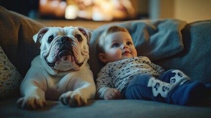 Wall Mural - A baby and a bulldog sit together on a couch, enjoying each other's company.