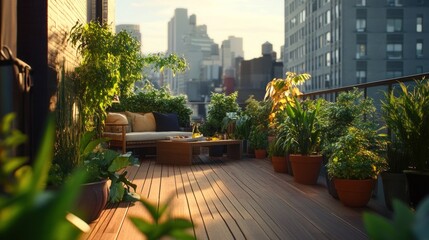 Poster - A serene balcony garden with plants, seating, and a city skyline backdrop.