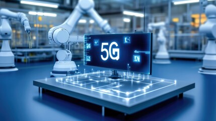 Poster - Futuristic smart factory layout with interconnected robotic systems, illustrating how 5G connectivity facilitates real-time data exchange and automation in industry.
