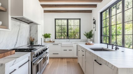 Poster - Modern kitchen with white cabinetry, marble countertops, and large windows for natural light.