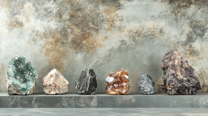 Poster - A display of various mineral specimens on a textured background.