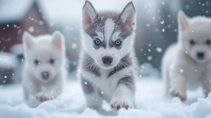 Canvas Print - Three adorable husky puppies playing in the snow, showcasing their playful nature.