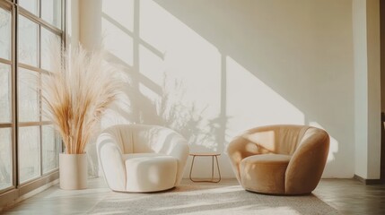 Wall Mural - Cozy seating area with modern chairs, a small table, and decorative plants in natural light.