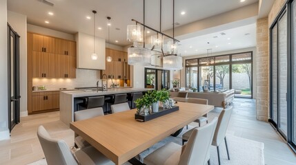 Sticker - Modern kitchen and dining area with natural light and stylish decor.