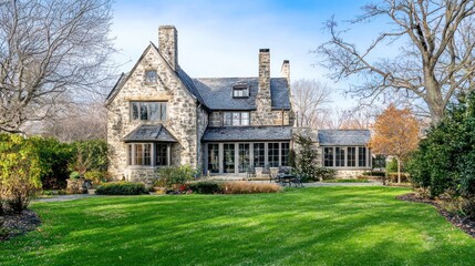 Canvas Print - A beautiful stone house with a manicured lawn and trees in a serene setting.