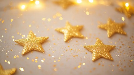Poster - Golden glitter stars scattered on a light beige background with sparkling lights adding a dreamy, festive touch.