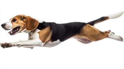 Wall Mural - A beagle dog leaping in mid-air, showcasing playfulness and agility.