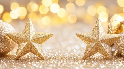 Poster - Golden glitter stars scattered on a light beige background with sparkling lights adding a dreamy, festive touch.