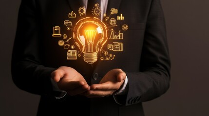 Poster - Businessman holding a glowing light bulb surrounded by a network of icons, representing modern business innovation and strategic analysis