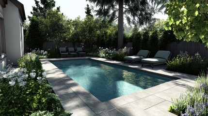 A serene backyard with a pool surrounded by lush greenery and lounge chairs.