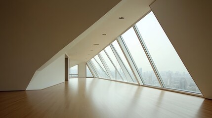 Poster - A modern, spacious room with large angled windows offering a city view.