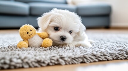 Wall Mural - A fluffy puppy cuddles a yellow teddy bear on a cozy rug in a bright living space.