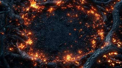 Fototapete - Glowing Embers and Charred Tree Roots Form a Circular Frame