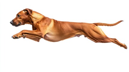 Poster - A dog in mid-leap, showcasing agility and athleticism against a white background.