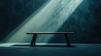 Wall Mural - A minimalist table illuminated by dramatic light against a textured dark wall.