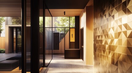Poster - Modern interior with a black and gold geometric wall pattern, showcasing a luxurious and trendy design.