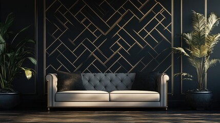 Poster - Modern interior with a black and gold geometric wall pattern, showcasing a luxurious and trendy design.