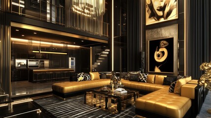 Poster - Modern interior with a black and gold geometric wall pattern, showcasing a luxurious and trendy design.