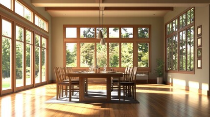 Wall Mural - A bright dining area with a wooden table and chairs, surrounded by large windows.