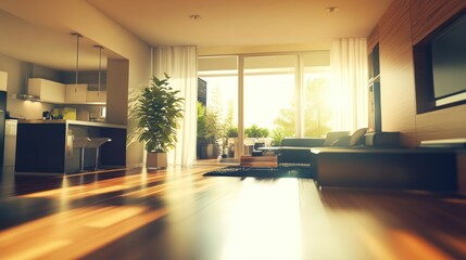 Wall Mural - Bright, modern living room with large windows and plants, showcasing a cozy atmosphere.