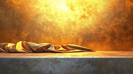 Poster - A smooth, golden fabric drapes over a surface against a glowing, textured background.