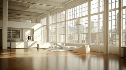 Wall Mural - A spacious, modern interior with large windows and minimalist furniture.