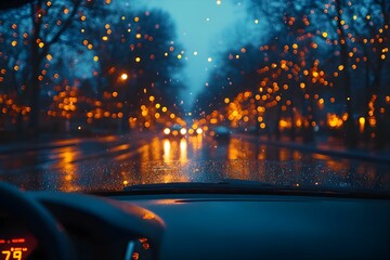 Car Inside View Urban Rainy Night Drive, City Lights Blur. A car steering wheel as blurred orange city lights are seen inside, depicting a night drive in the city during rainy weather with a mysteriou