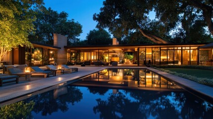 Wall Mural - Modern home at dusk with a pool, surrounded by trees and warm lighting.