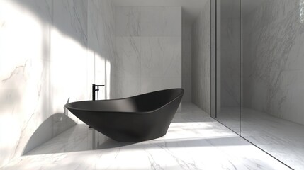 Wall Mural - Modern bathroom featuring a sleek black bathtub and marble walls for relaxation.