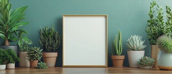 Minimalist plant display with empty frame for artwork