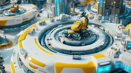 Poster - Overview of a smart factory featuring robotic vehicles moving materials, showcasing the impact of 5G technology on modern industrial automation.