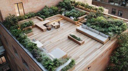 Sticker - A modern rooftop garden with seating, plants, and a fire pit for relaxation and socializing.