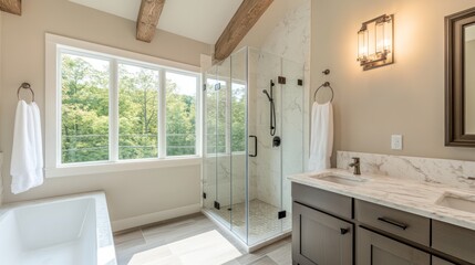 Poster - Modern bathroom with a glass shower, tub, and natural light.