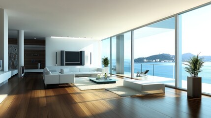 Wall Mural - Modern living room with large windows showcasing a scenic view of the water and mountains.